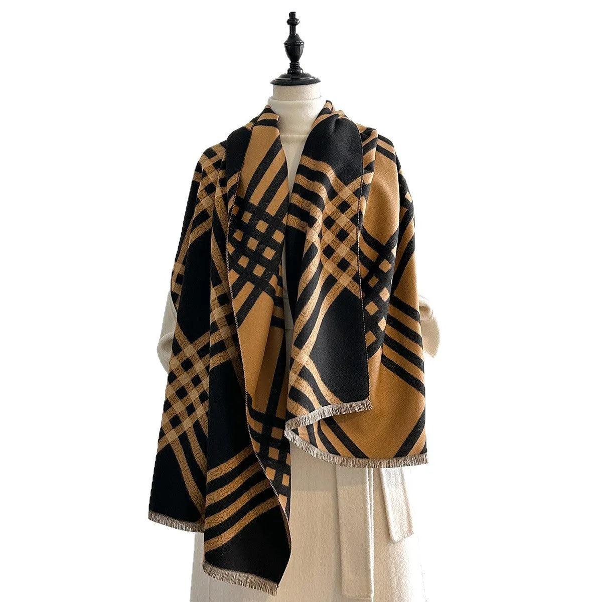 Qianjin imitation cashmere scarf 185x65cm with tassels in brown, black, black camel, and khaki colours