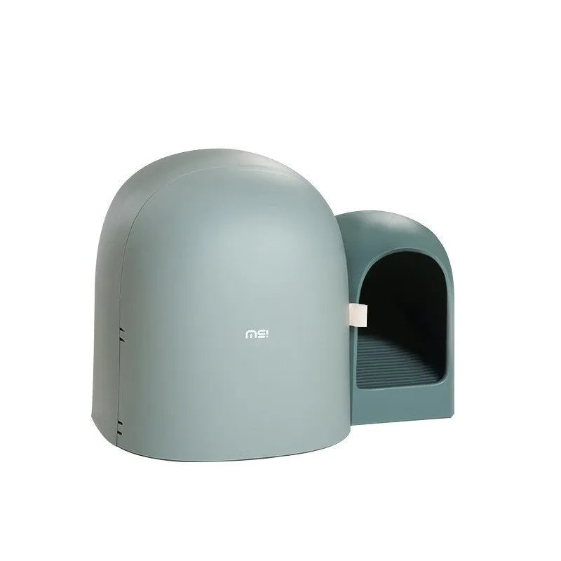 Oversized enclosed cat litter box in ABS plastic showing dimensions 67.7cm by 49cm by 50cm