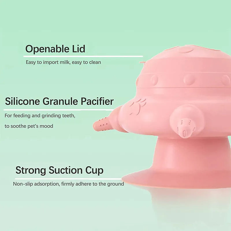 Pink silicone pet nursing feeder with milk bowl and pacifiers for puppy and kitten milk feeding