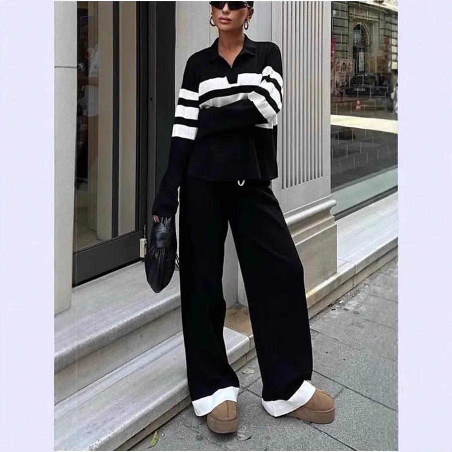 Women's black and white striped knitted two-piece set with polo collar and trousers