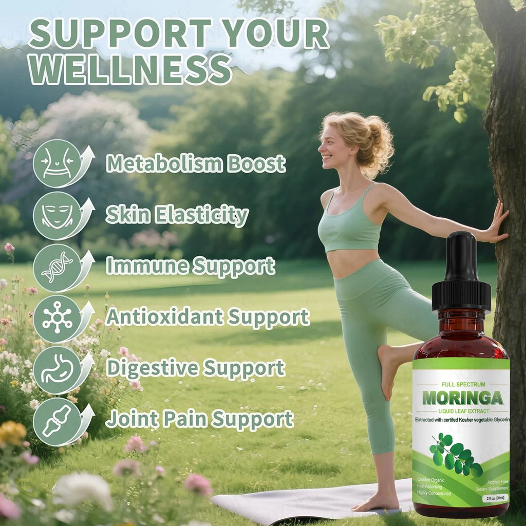 60ml bottle of certified organic Moringa leaf extract drops with dropper, deep green-brown liquid