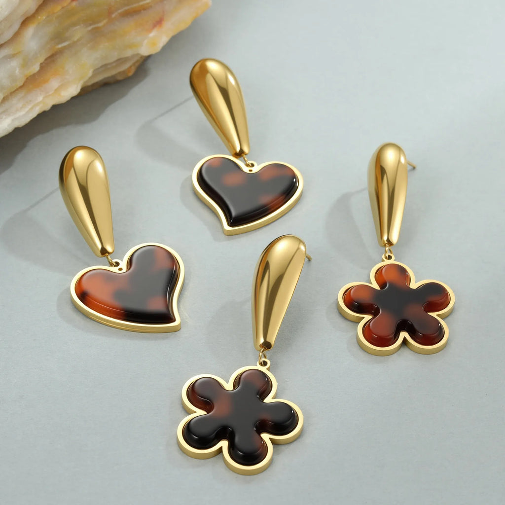 Tortoiseshell resin hawksbill colour earrings with 18K gold electroplating in heart-shaped and flower geometric designs
