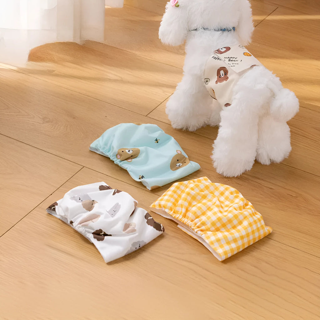 Blue Bear pattern reusable polyester dog diaper with fastener tape and elastic waistband for leakproof protection