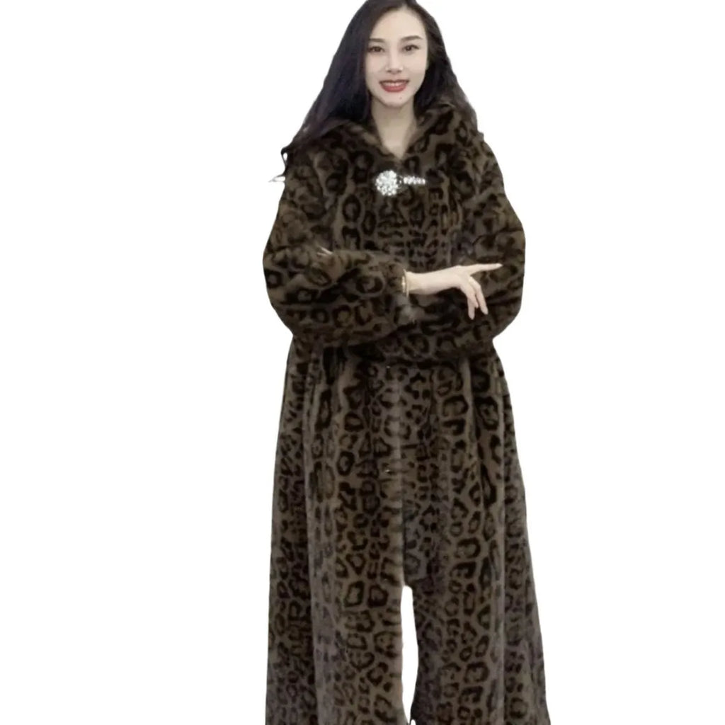Long brown leopard print faux fur coat for women, shown loose fit with regular sleeves