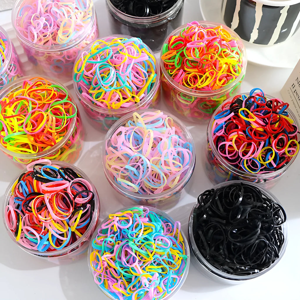 Multicolour TPU baby hair ties in a reusable container for toddlers and girls, 300 or 600 piece pack
