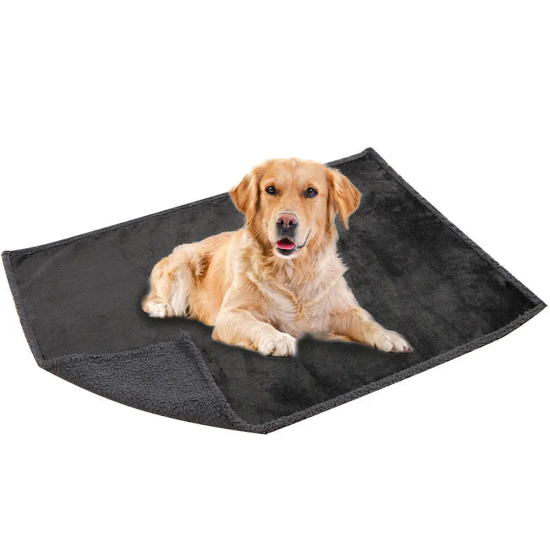 Flannel fleece composite thickened waterproof pet pad in blue gray, on a dog bed, available in multiple sizes