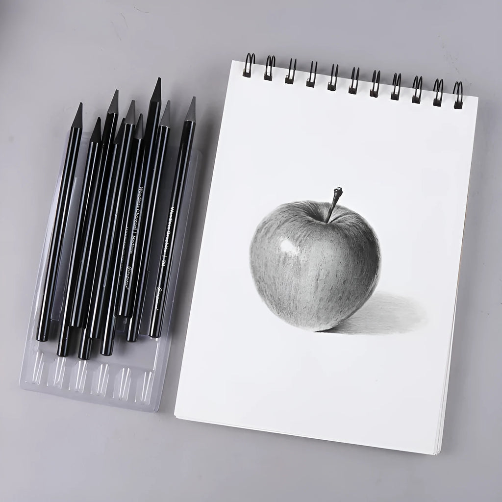 Set of nine graphite and carbonised wooden drawing pencils displayed on a suction card packaging.