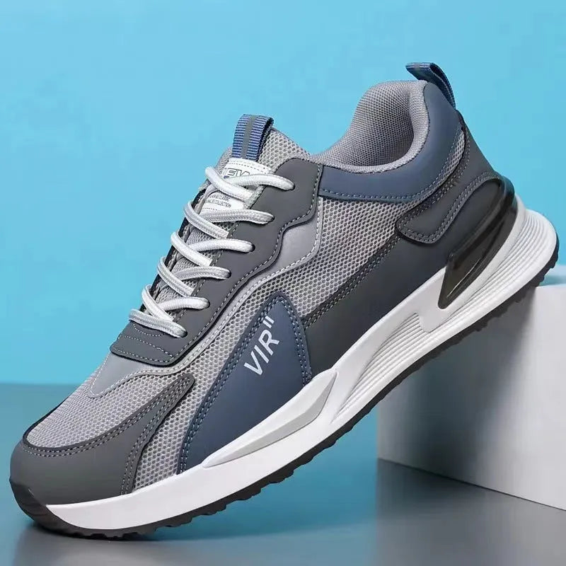 Men's colour block mesh lace-up running shoes in black, grey, or white with low-top round toe.