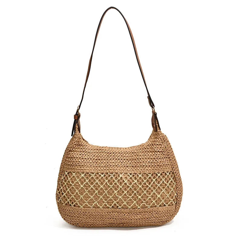 Women's straw cross body bag in khaki or milky white with horizontal square shape and sandwich pocket