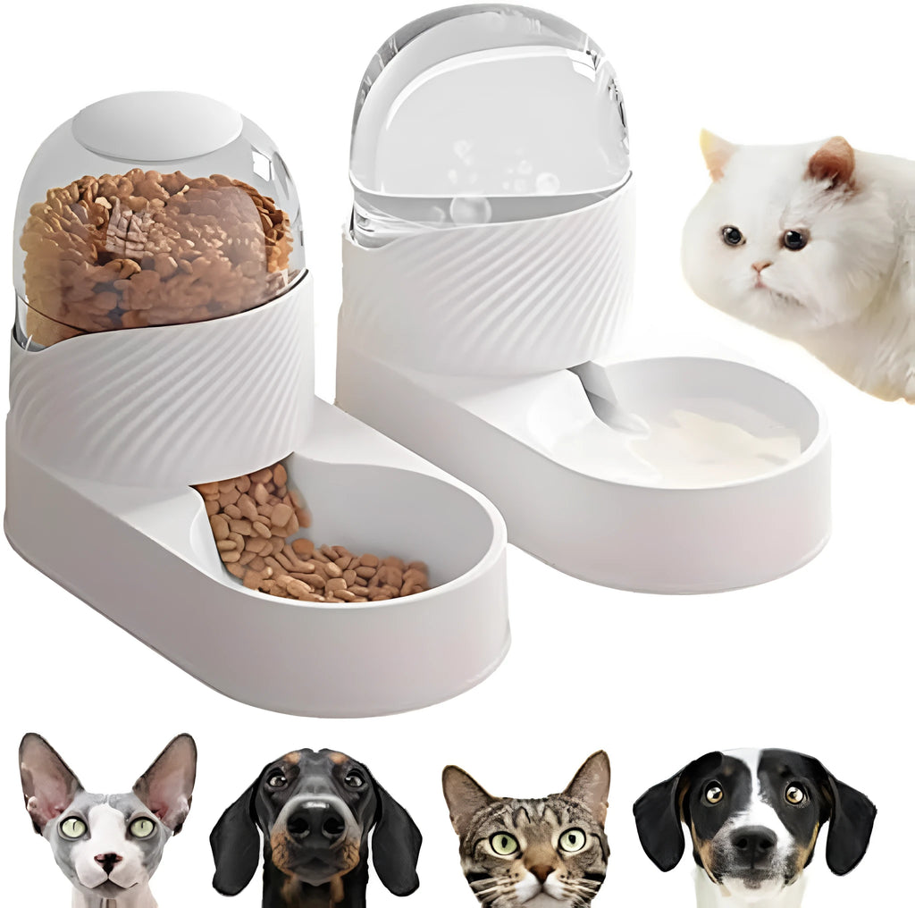 White automatic cat feeder and water dispenser set with wave-patterned shell.