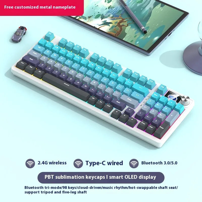 98 key wireless Bluetooth mechanical keyboard with display screen and metal knob