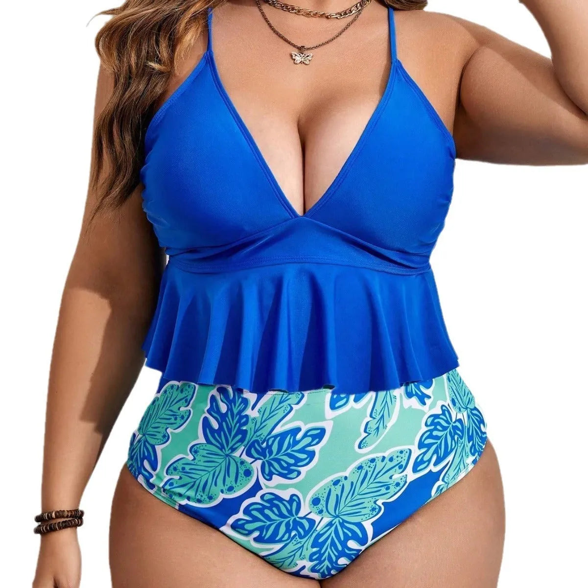 Blue polyester bikini swimsuit set with top and shorts in extended sizes for European and American women