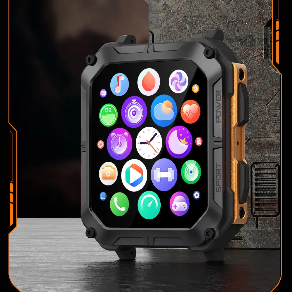 Square aluminium alloy smart watch with black silicone strap on wrist, showing touch and key interface, for Bluetooth call outdoor use