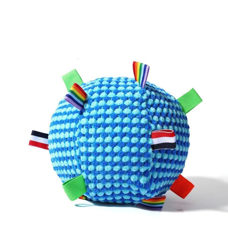 Blue and yellow 17cm dog ball toy with pineapple lattice texture and rolling ring design