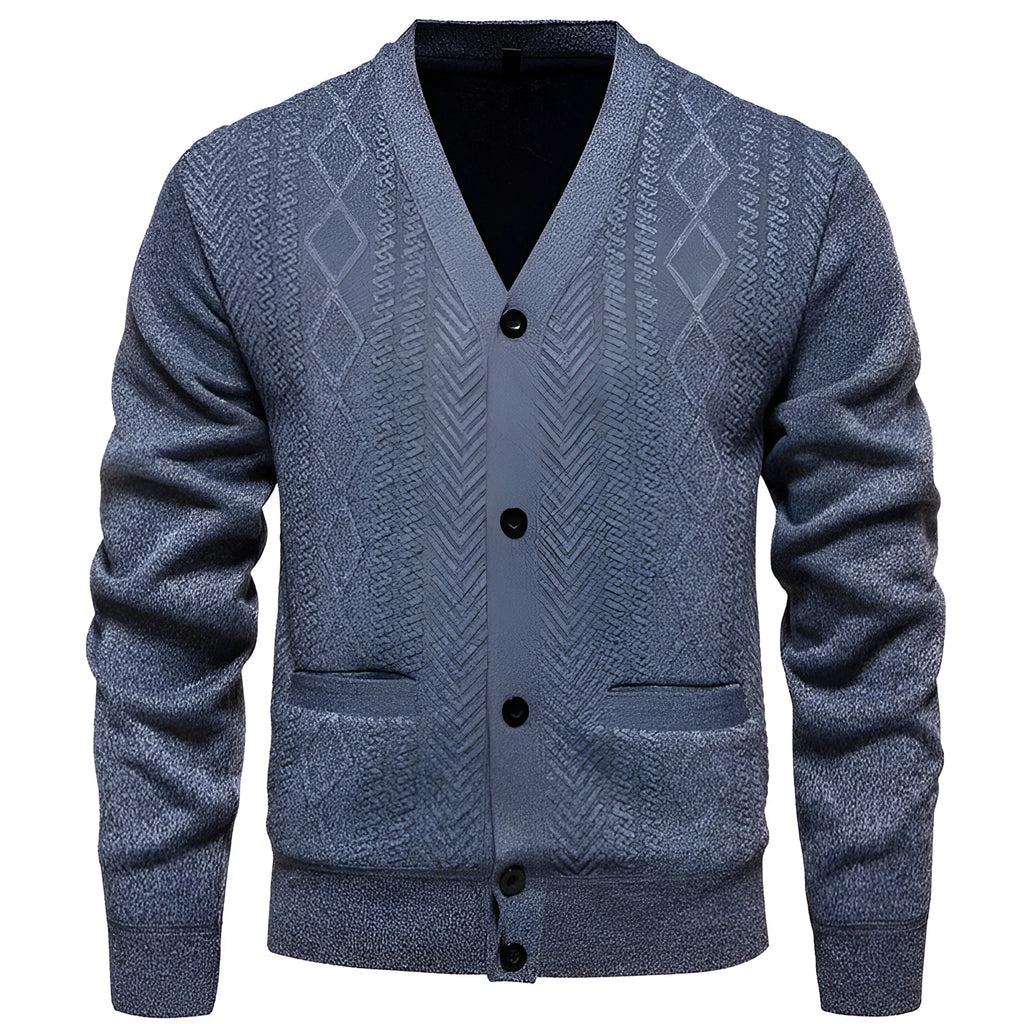 Men's striped cardigan sweater in brown, showing long sleeves, wool lining, and button front.