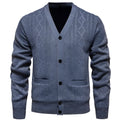 Men's striped cardigan sweater in brown, showing long sleeves, wool lining, and button front.