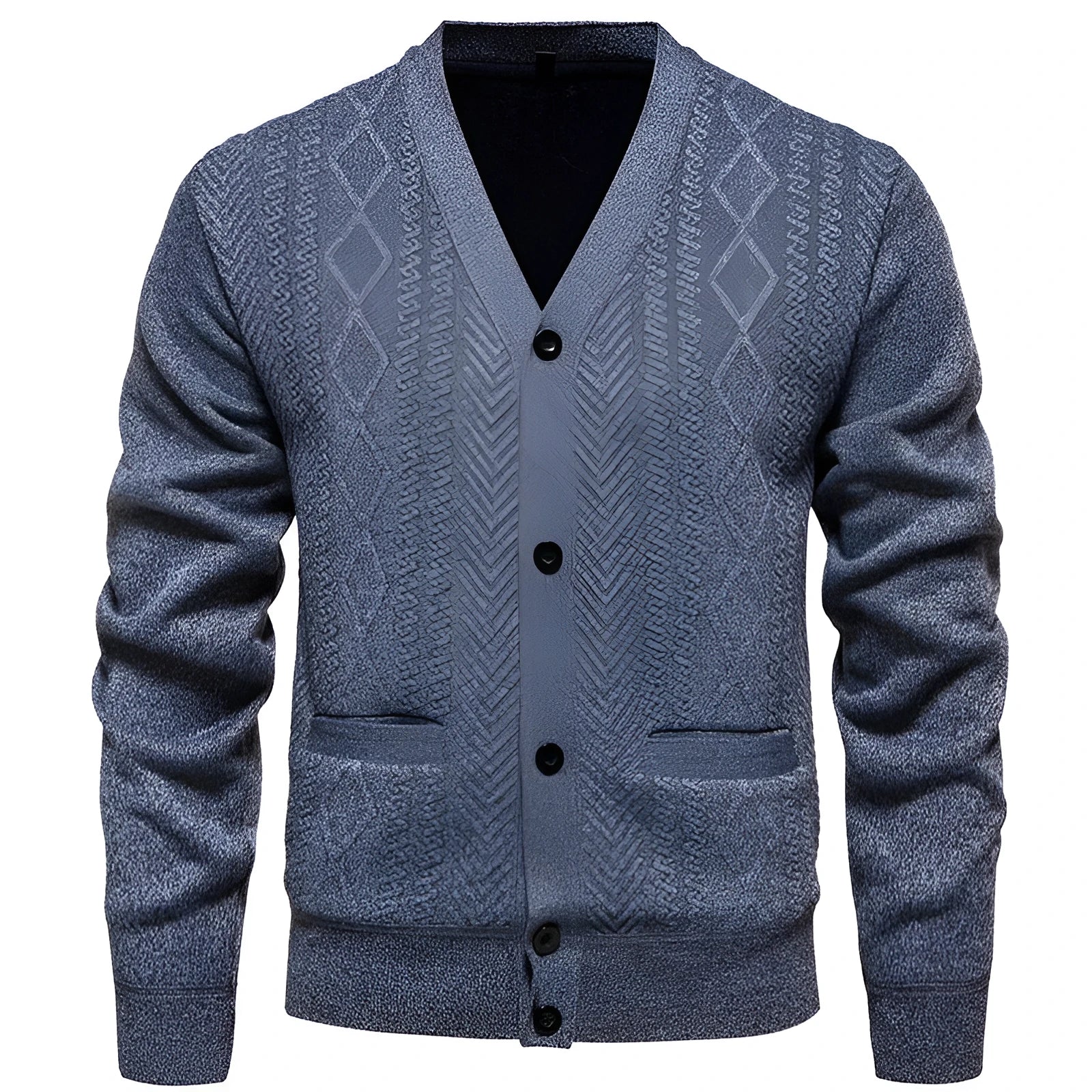Men's striped cardigan sweater in brown, showing long sleeves, wool lining, and button front.