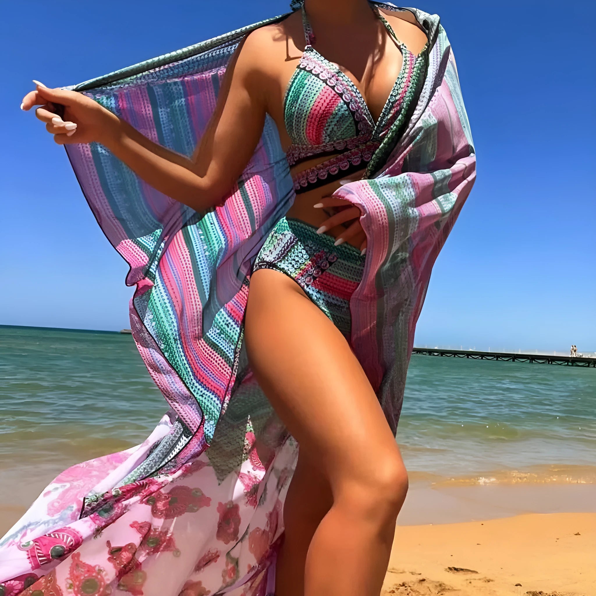 Women's three-piece cross bandage high waist swimsuit set in polyester fabric