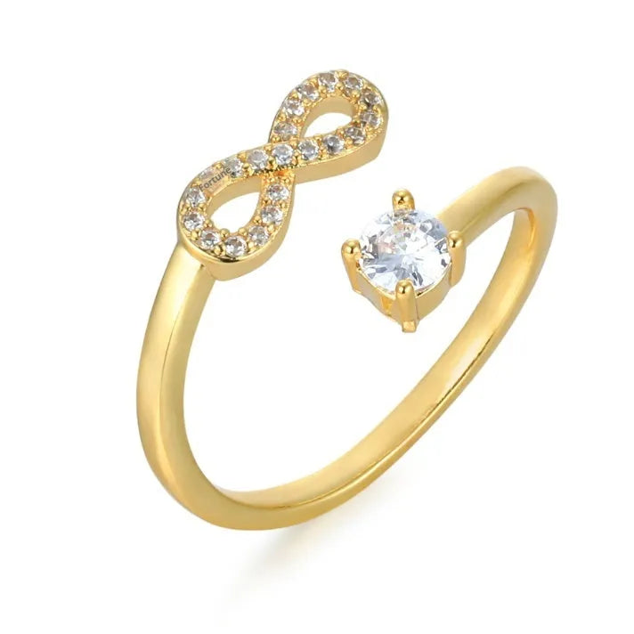 Metal ring with zircon letter initial and geometric design in gold, rose gold or silver colour options