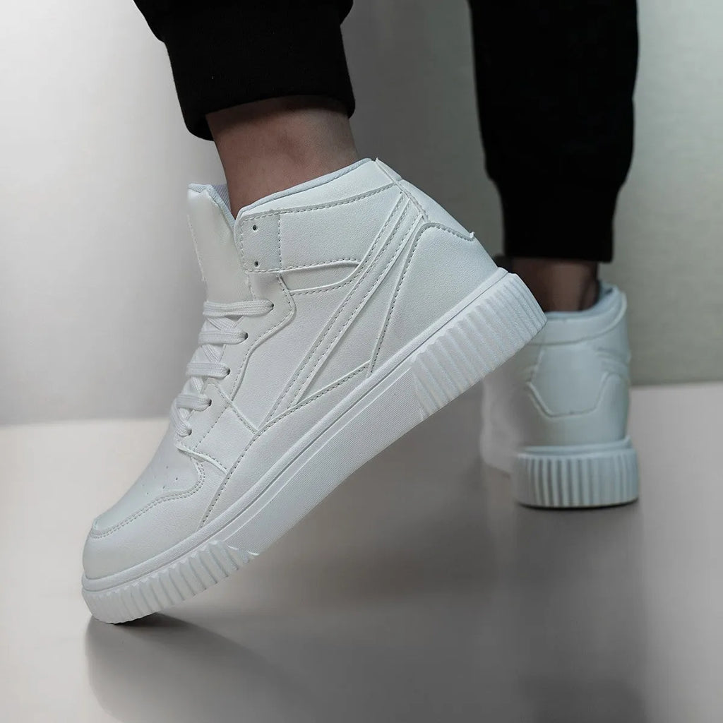 Men's solid white round toe casual shoes with a microfiber leather upper on a neutral background.