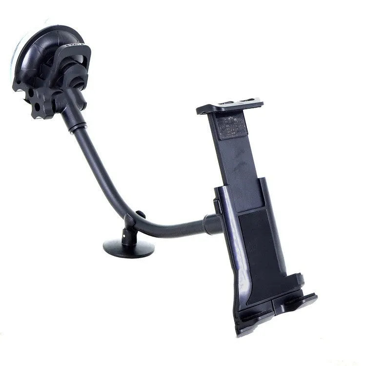 Black vehicle-mounted tablet holder with suction cup for 4-12-inch devices on car dashboard