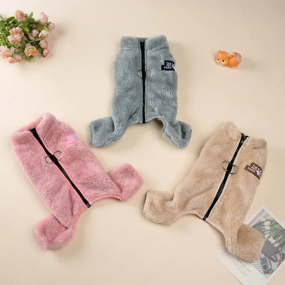 Polyester double-sided plush pet jumpsuit in gray colour for dogs, available in sizes XS to XL