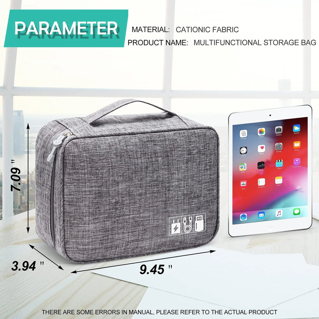 Black electronics organiser case open showing mesh pockets, elastic loops, and removable padded dividers for cable organisation