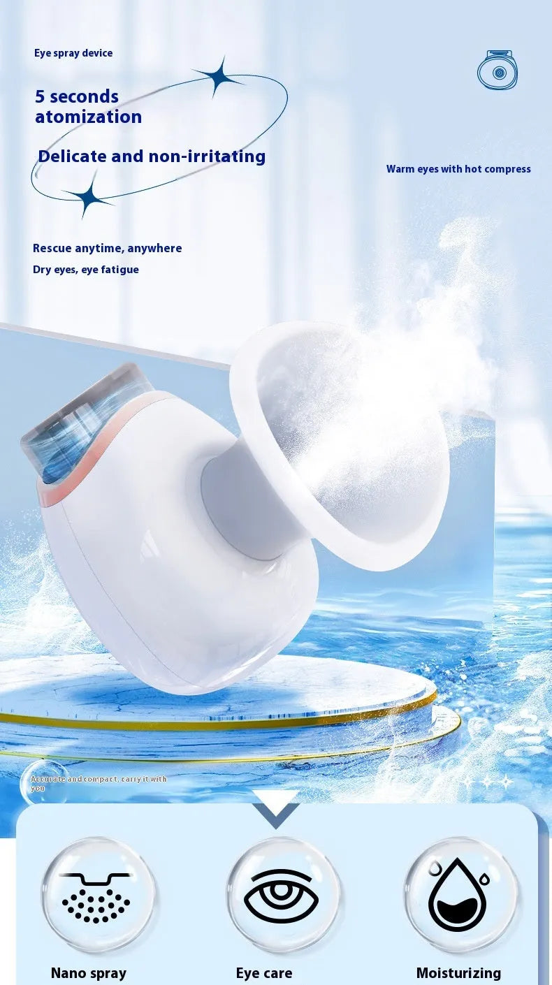 White and purple portable eye humidifier with USB charging cable on a desk
