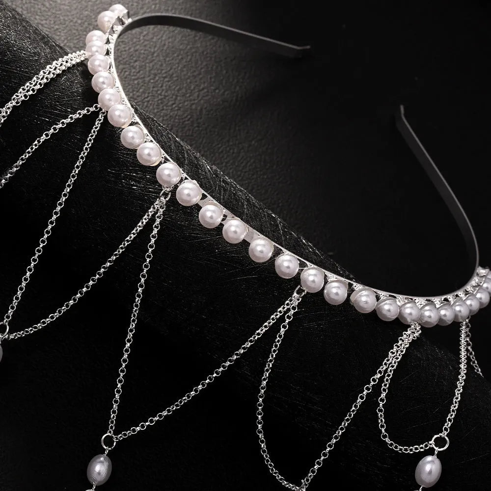 Gold and silver mesh tassel hair chain for women with pearl detailing and electroplated finish