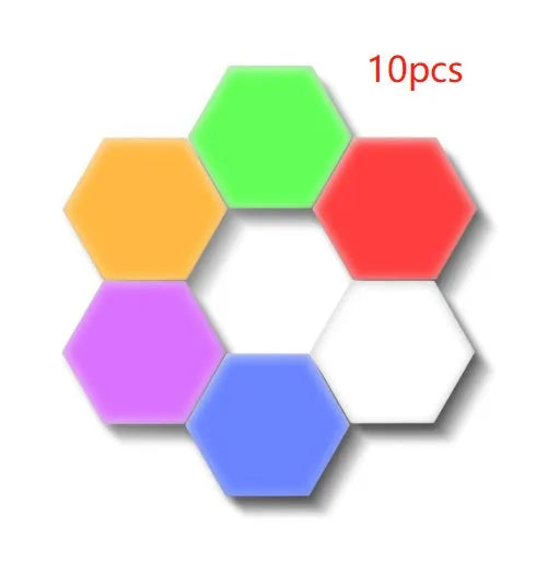 Helios modular honeycomb touch wall lamp showing geometric LED light panels arranged on wall