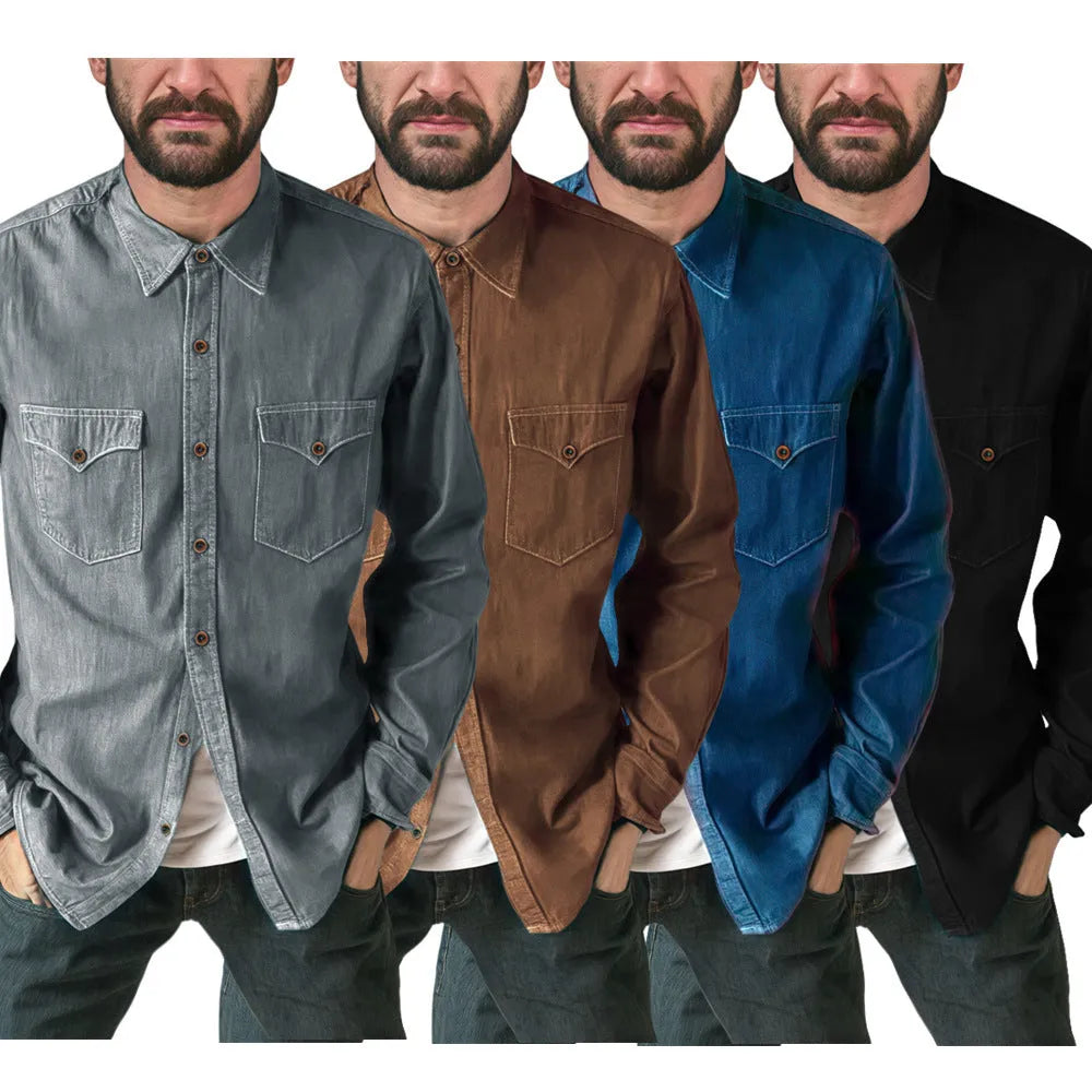 Men's regular fit denim cardigan coat in khaki, shown open as a front layer.
