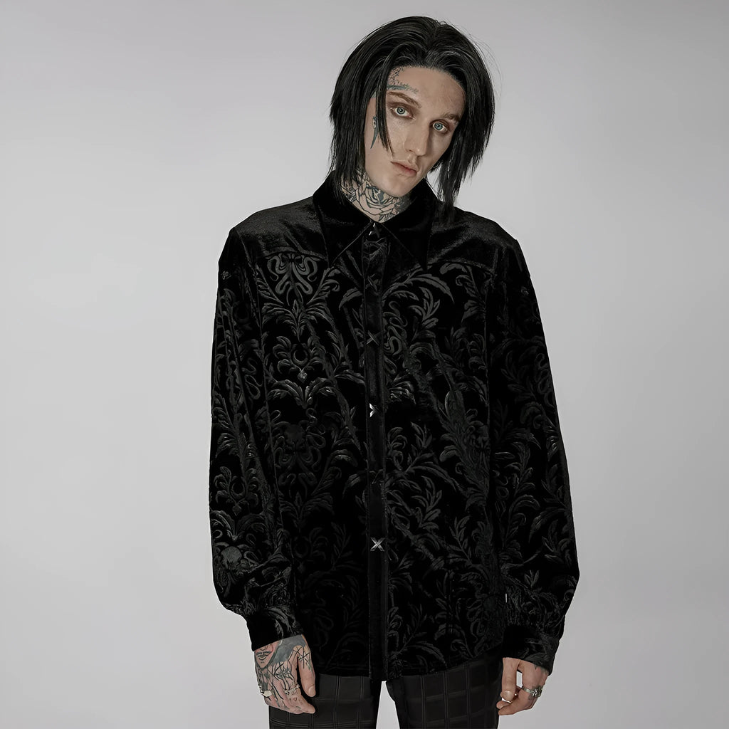 Gothic Court black velvet men's shirt with pointed collar and decorative fasteners