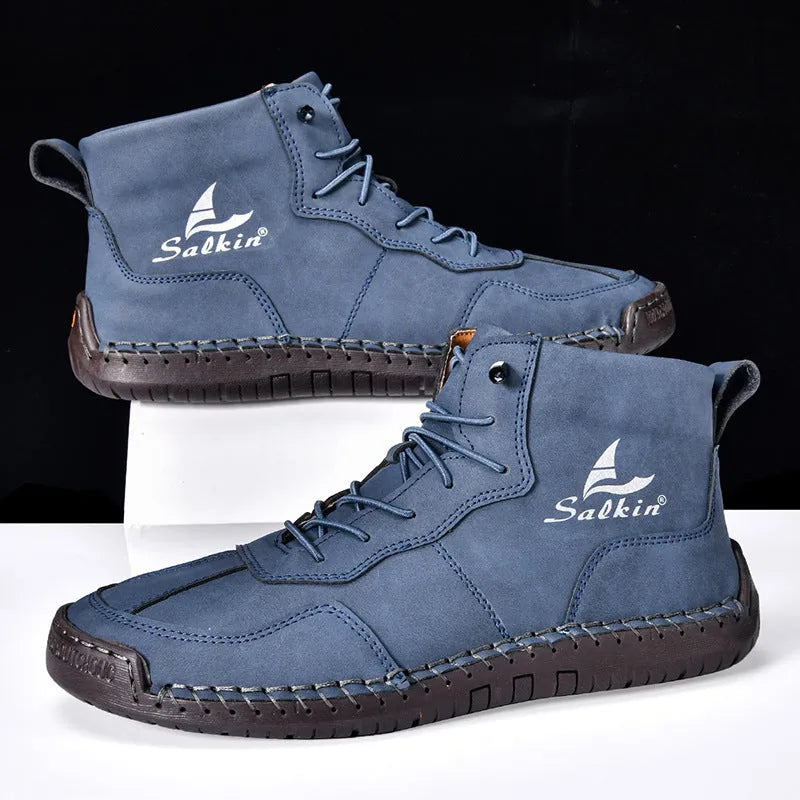 Retro high-top casual leather boots with frosted finish and round toe in beige