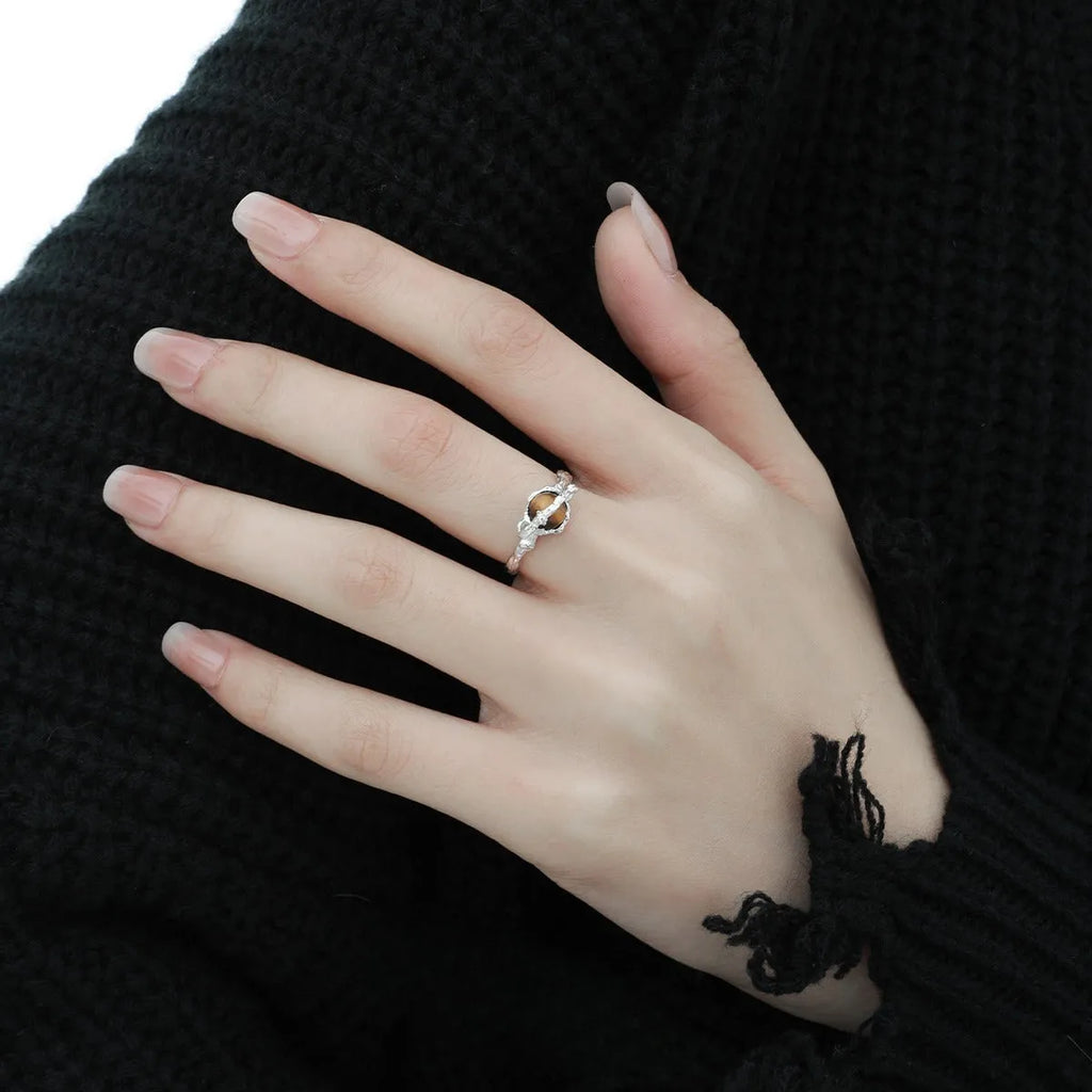 Women's adjustable Saturn tiger's eye open ring with white gold electroplating on silver