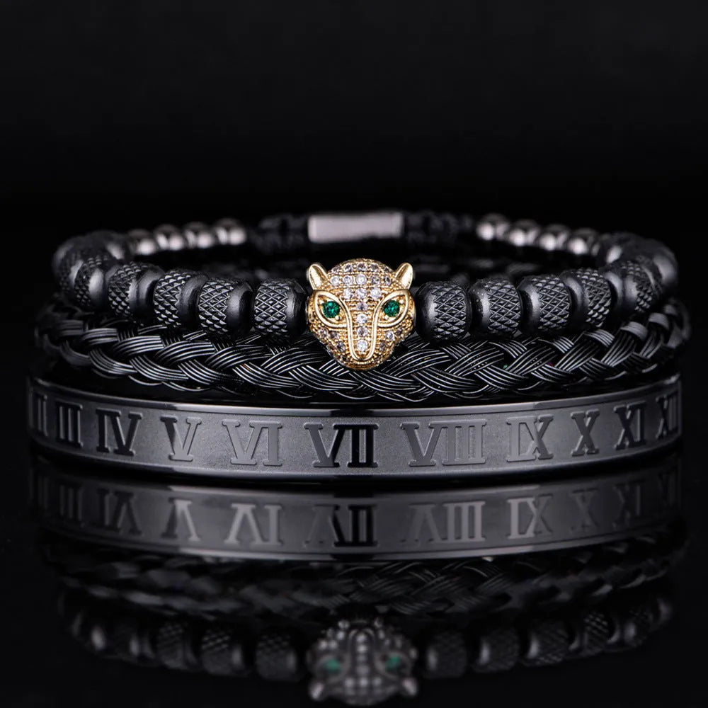Titanium steel leopard head mesh bracelet with pineapple pearl Roman detailing, unisex simple style, black diamond colour