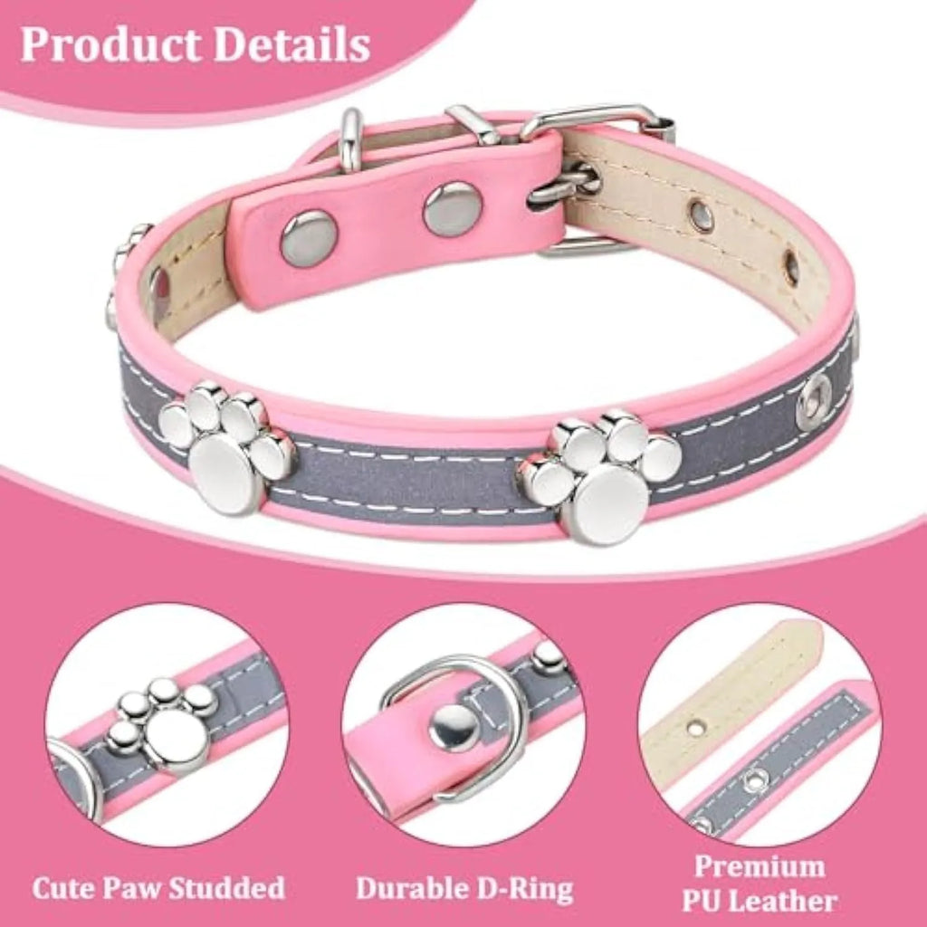 Reflective adjustable dog collar made of soft PU leather with metal buckle and paw-shaped rivet.