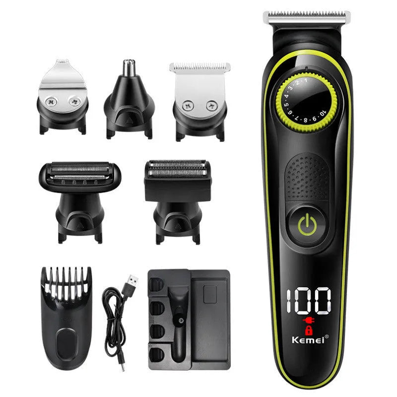 Black KM-696 rechargeable electric hair clipper with stainless steel blades on a white background.