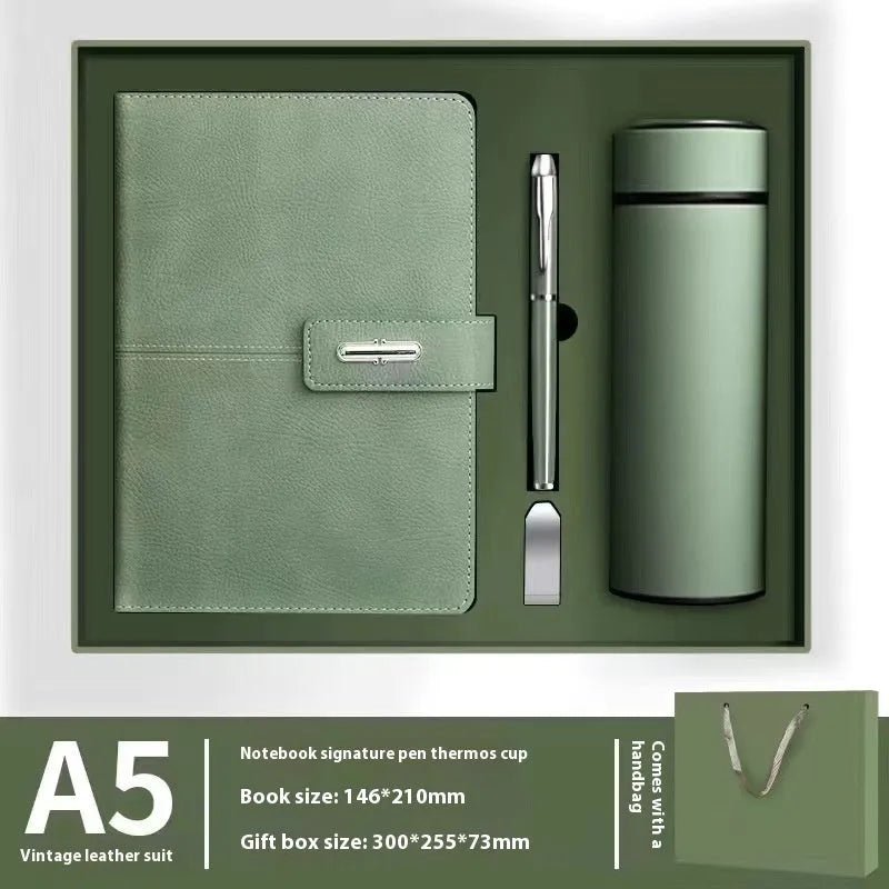 Customisable A5 notebook with imitation leather cover shown in multiple colour options.