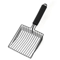 Black metal cat litter scoop with narrow tines for sifting waste from litter.