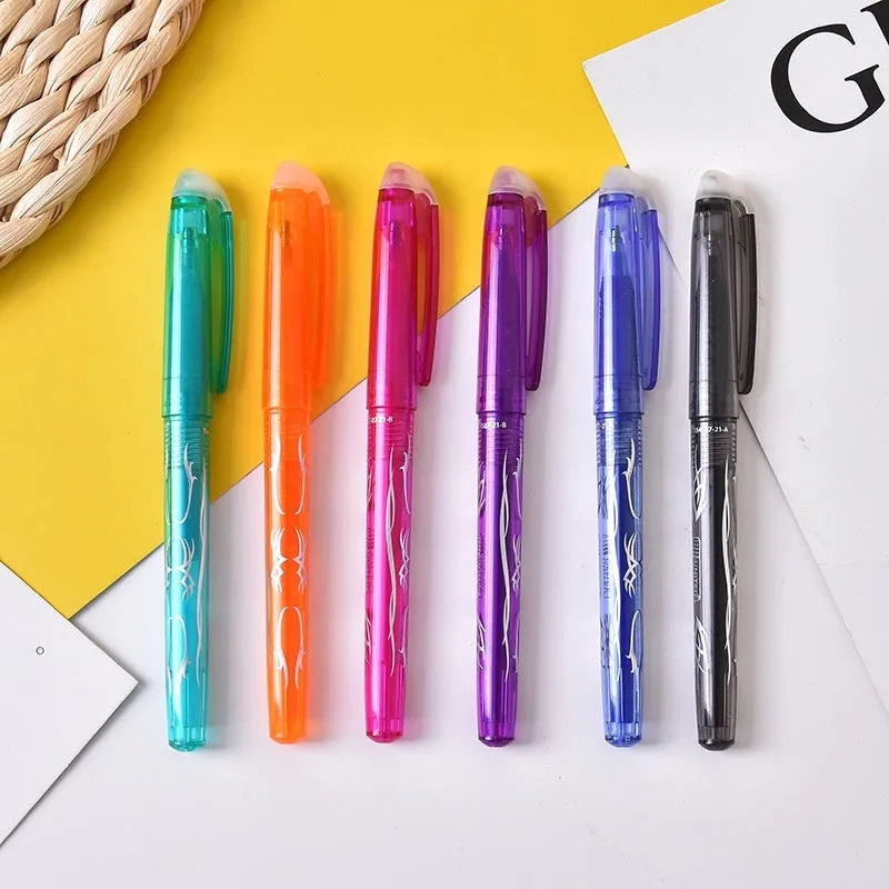 Set of hot erasable gel pens in multiple colours with plastic shells and choice of 0.5mm or 0.7mm stainless steel nibs.