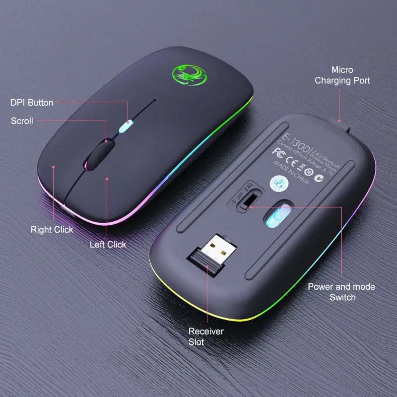 Black or white wireless computer mouse with silent buttons and dual-mode wireless connectivity