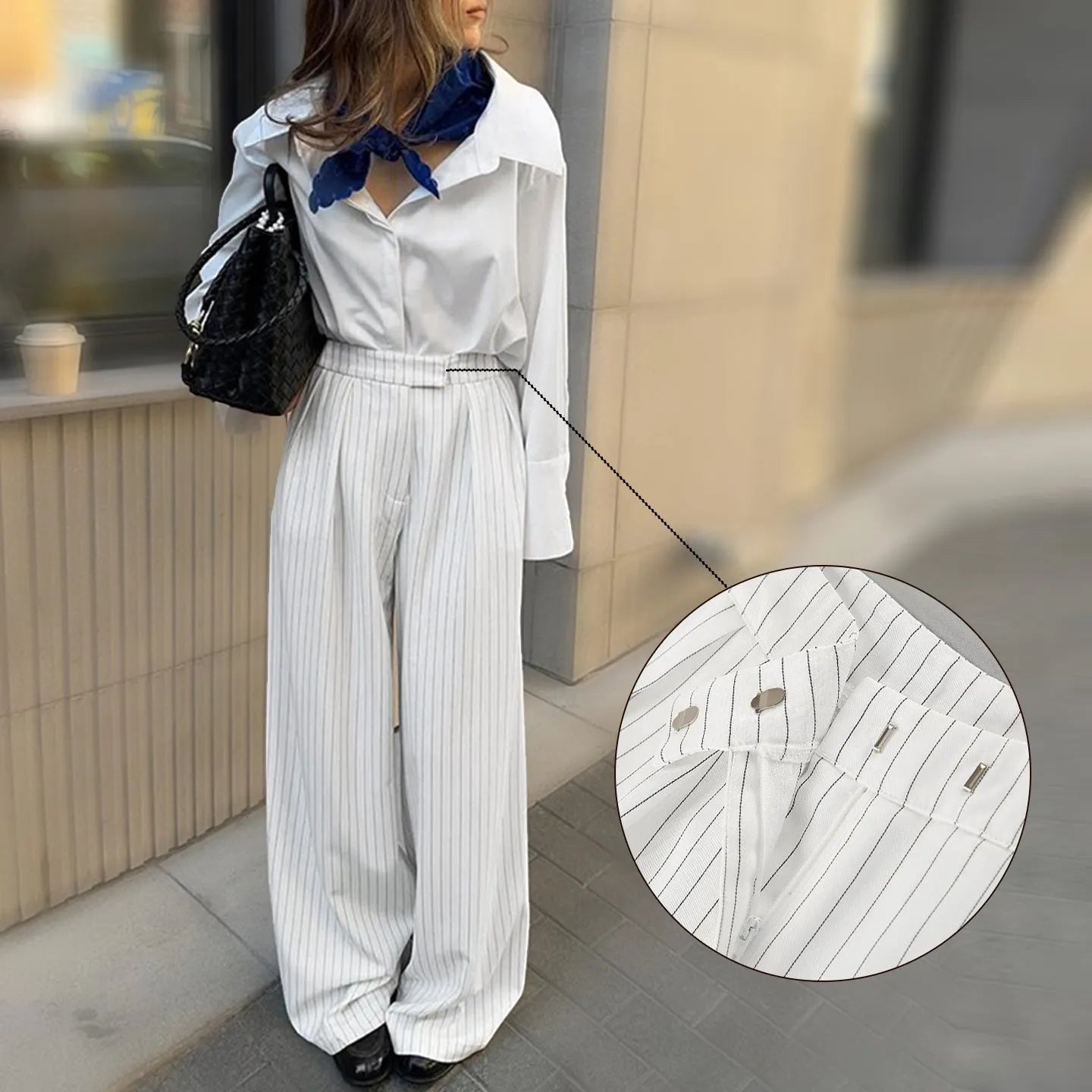 White striped wide-leg trousers with front zip fastening and loose casual cut for commuting