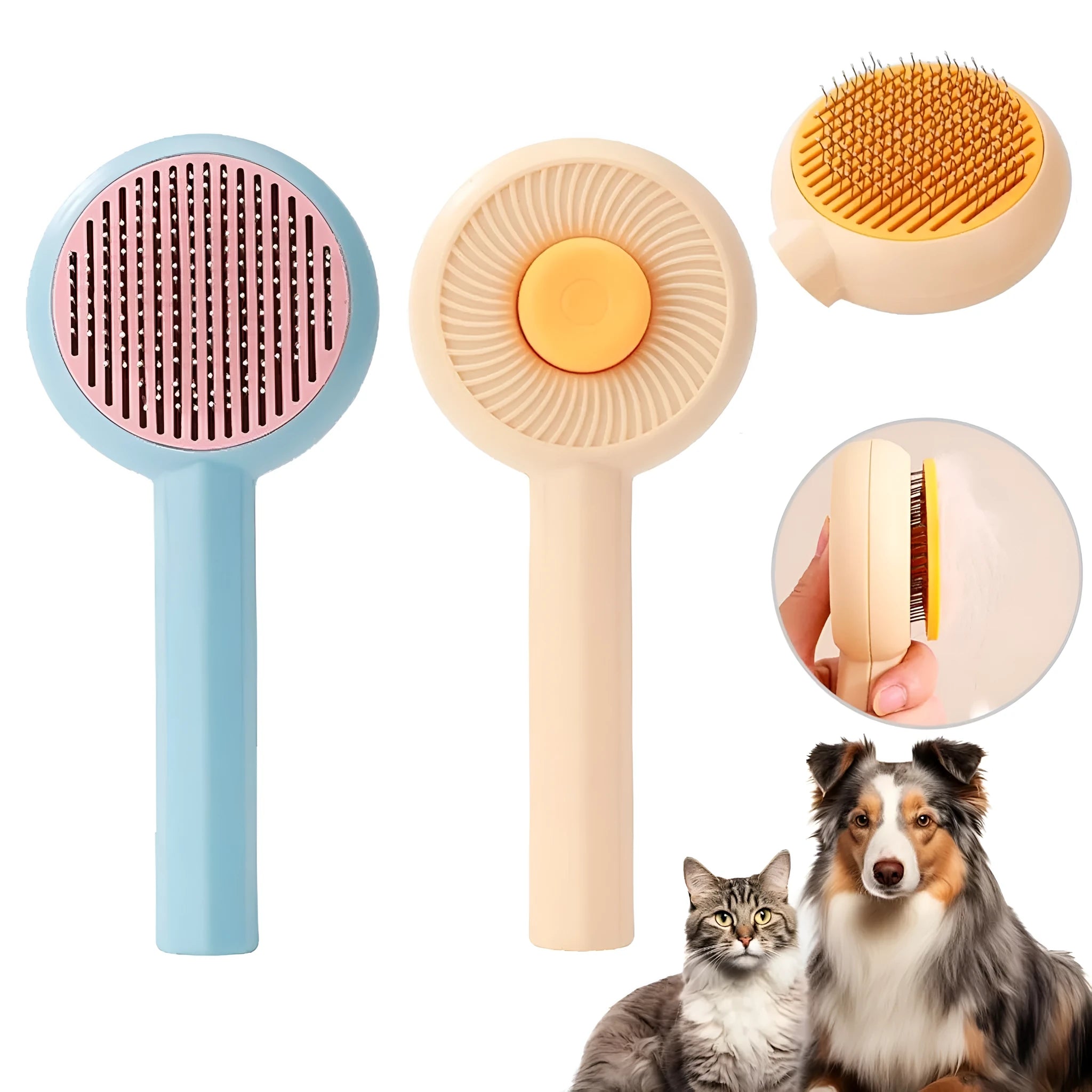 Blue pet grooming brush with angled metal bristles and self-cleaning button for cats and dogs
