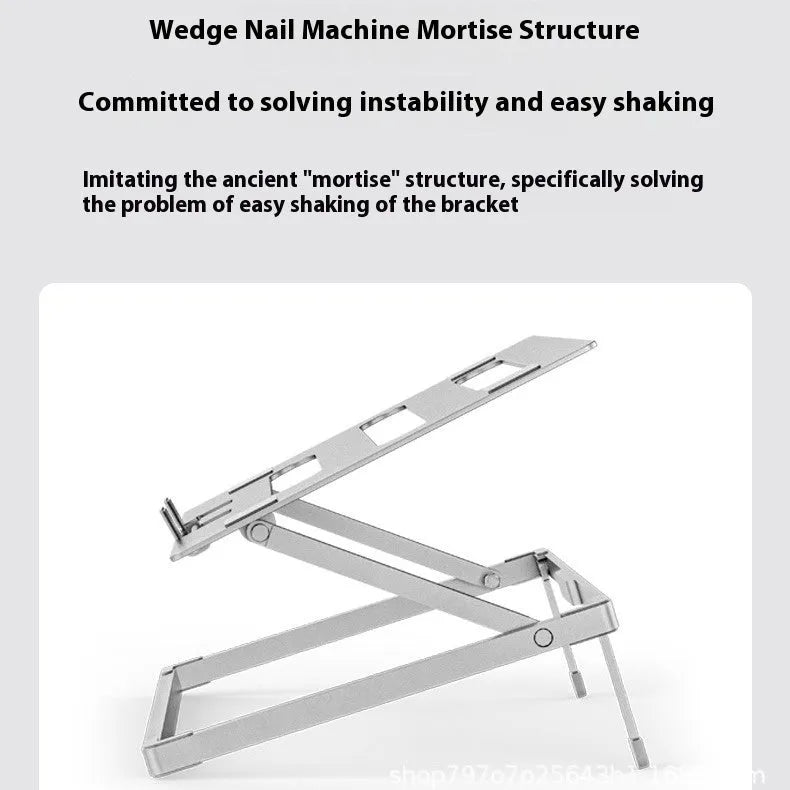 Super light aluminium alloy folding notebook cooling rack with cooling function, open on a desk showing slim profile
