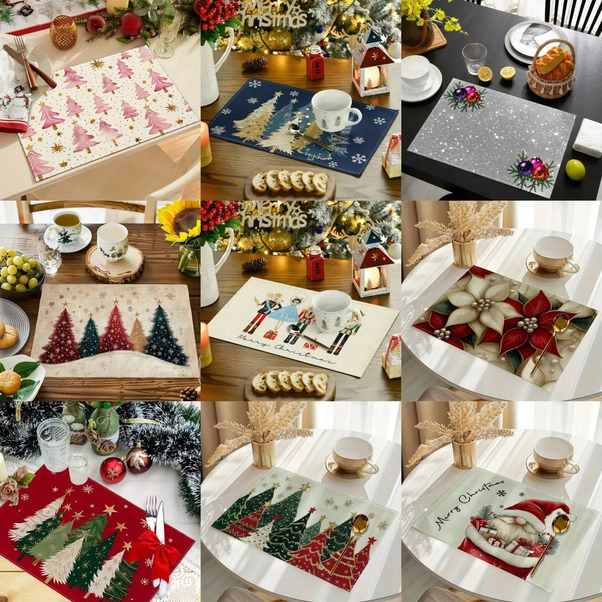 Square linen Christmas placemat with tree print, 30x45cm, in a holiday table setting