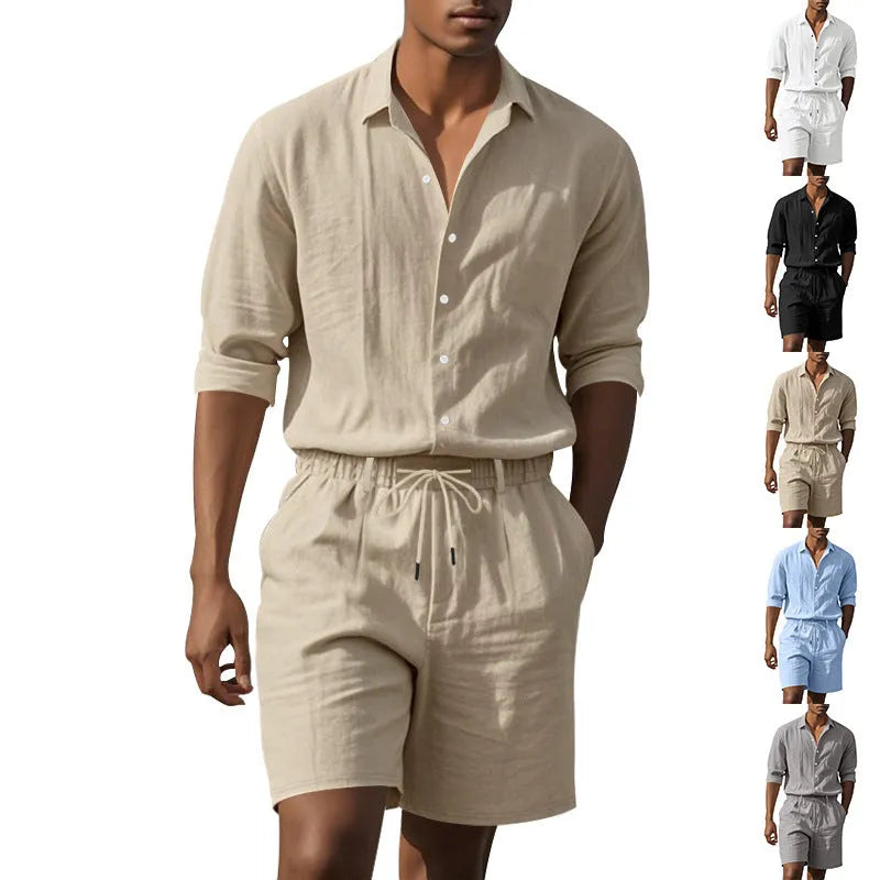 Women's linen long sleeve shirt and shorts beach suit in khaki, front view on model