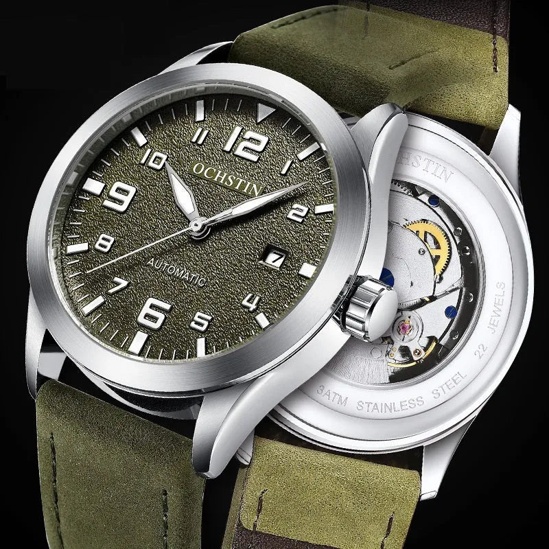 Men's retro leather automatic mechanical watch with business styling and 12mm thickness