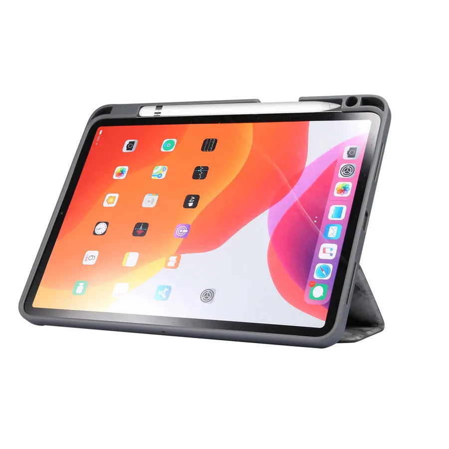 Tri-fold imitation leather iPad case in dark gray, showing pen slot and stand function.