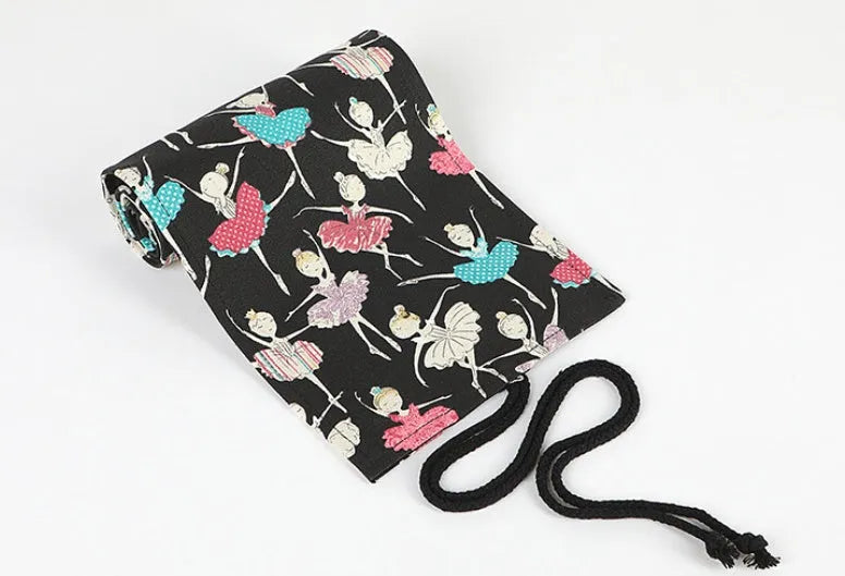 Ballet girl print canvas pencil case curtain rolled up showing multiple pencil holes for organised storage