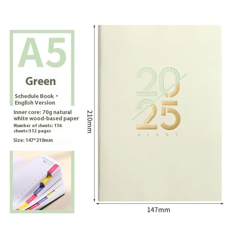 A5 2025 daily schedule book with faux leather cover in blue colour, open to show lined pages and thread binding.